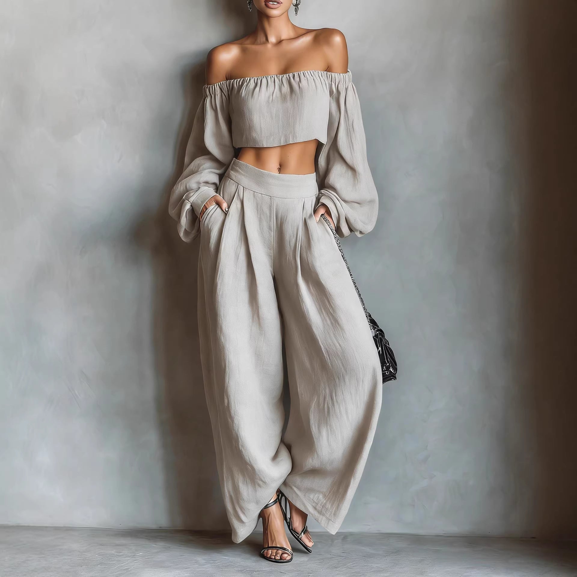 Gurtons Elegant Off-Shoulder Puff Sleeve Two-Piece Set - Flowy Wide Leg Pants Resort Wear