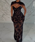 Strapless Sweetheart Fringe Cape Lace Sheer Mermaid Evening Gown, Black Beaded Gloves Formal Bodycon Maxi Dress