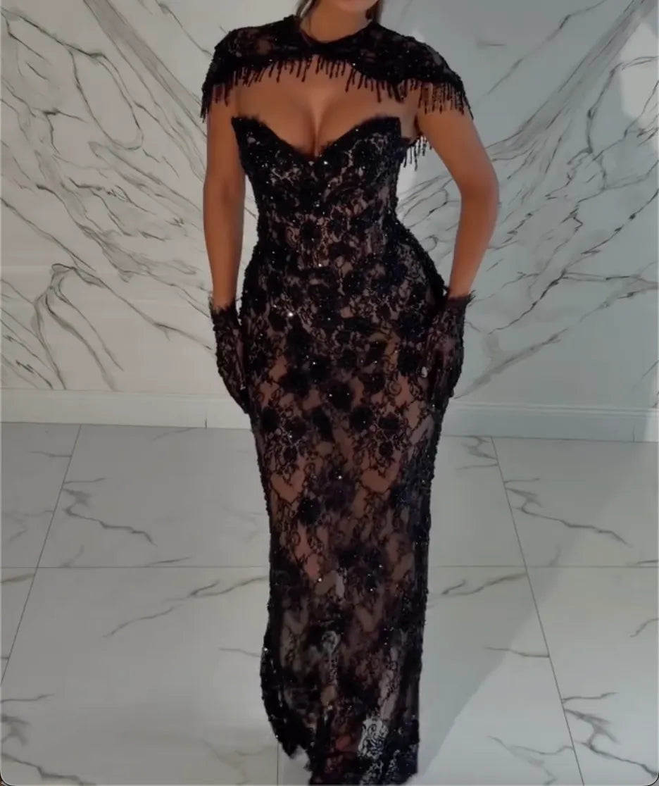 Strapless Sweetheart Fringe Cape Lace Sheer Mermaid Evening Gown, Black Beaded Gloves Formal Bodycon Maxi Dress