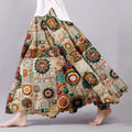 Women's Vintage Crochet Flowers Art Linen Flowy Wide Skirt
