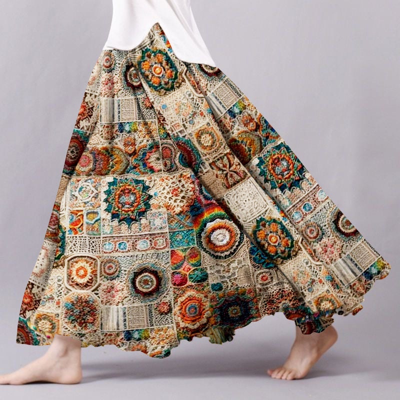 Women's Vintage Crochet Flowers Art Linen Flowy Wide Skirt