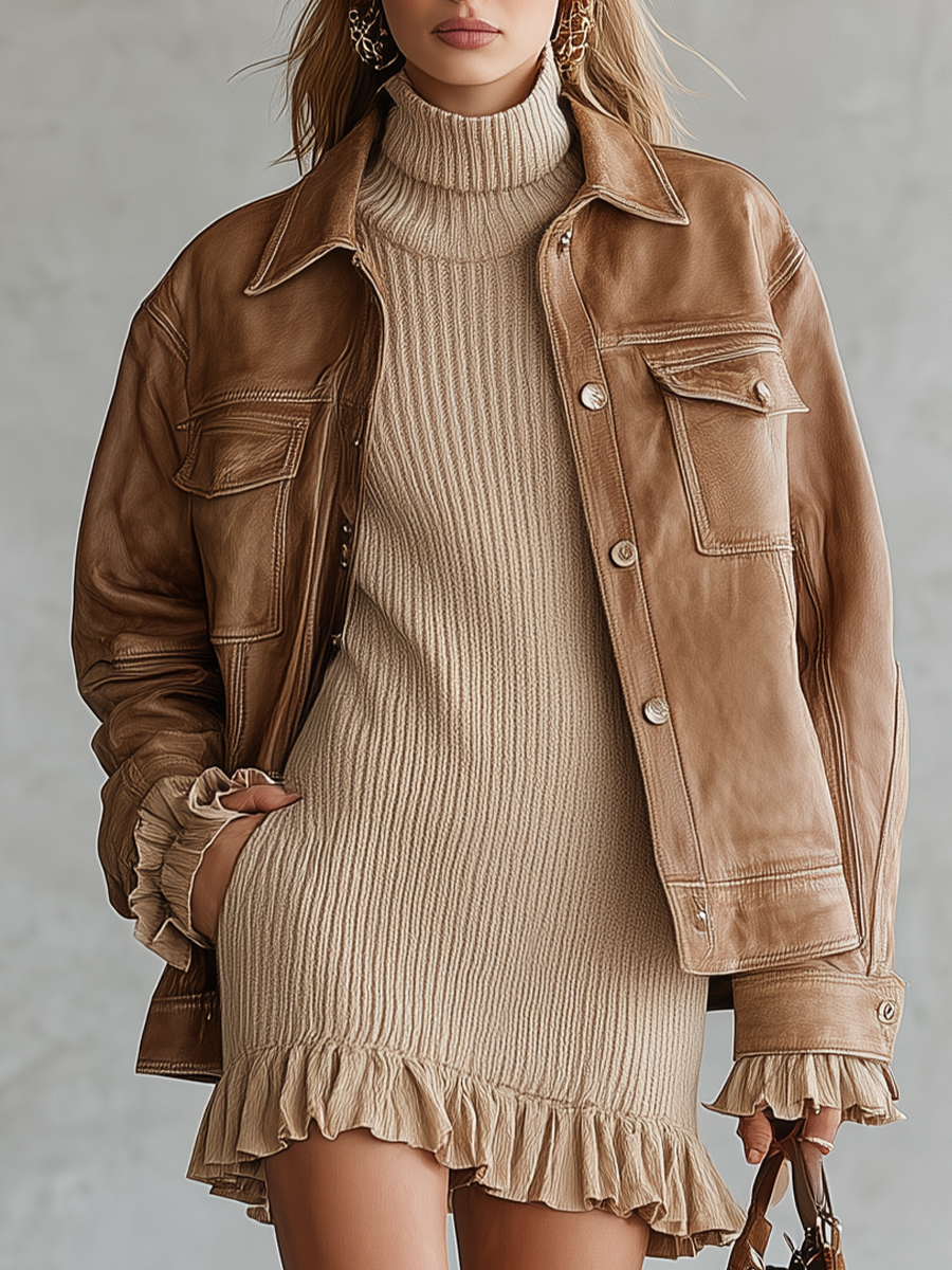 Vintage Western Brown Faux Leather Utility Jacket