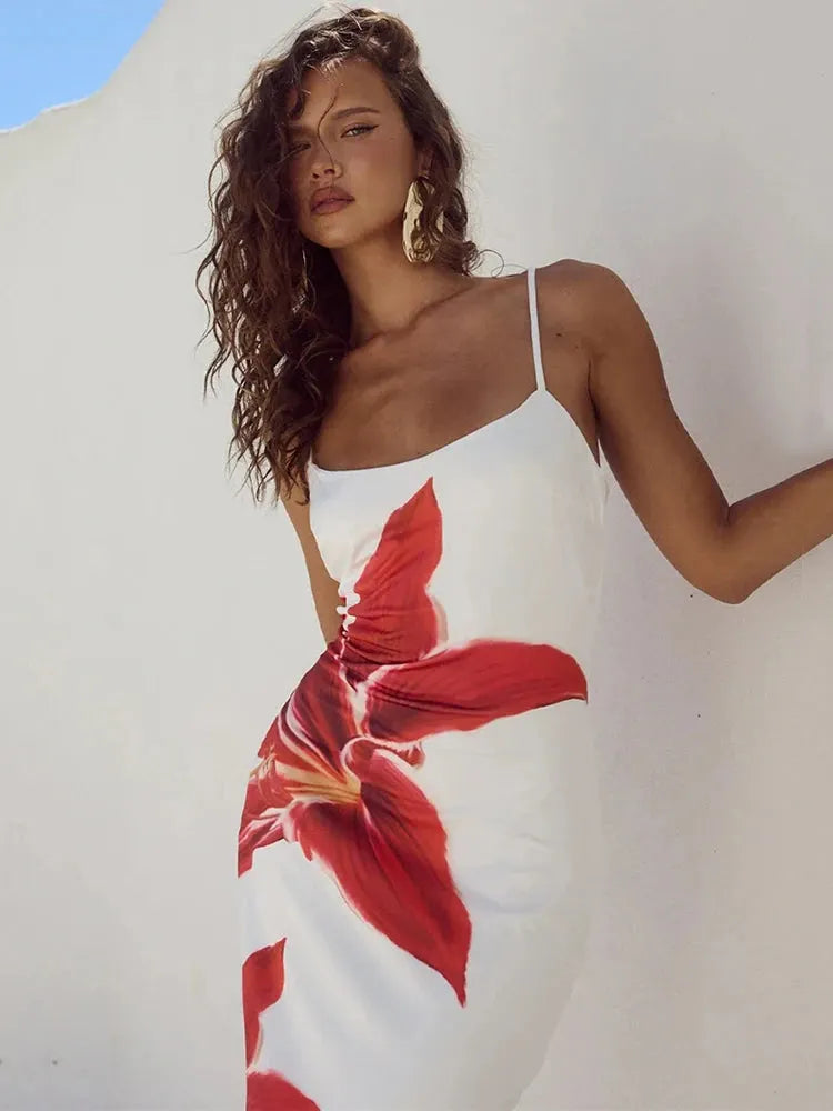 Camaria Floral Print Spaghetti Strap Maxi Dress – Summer Bodycon Holiday Gown in White, Pink, Black or Blue