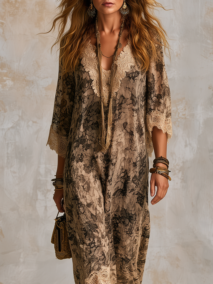 Bohemian Khaki Lace Print Maxi Dress