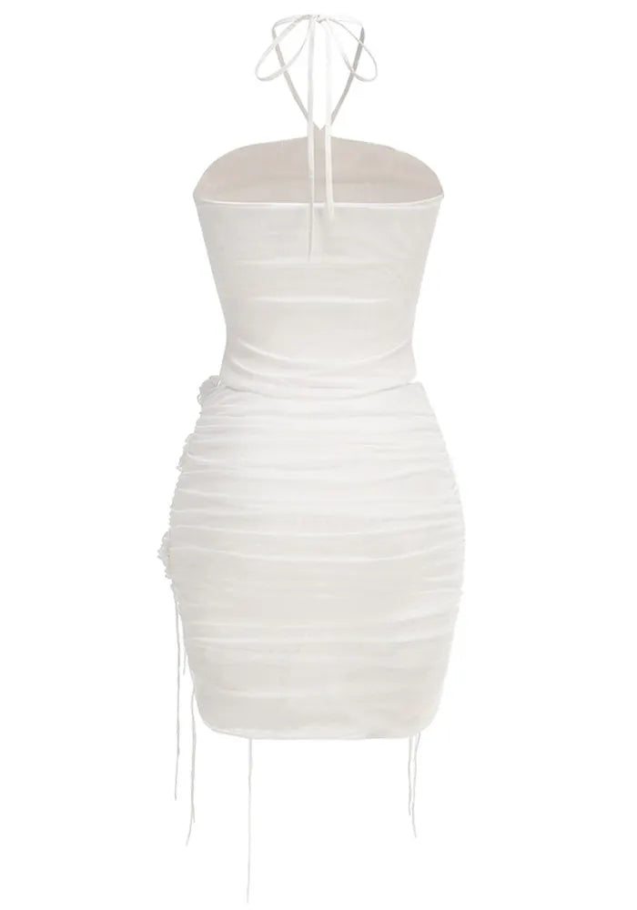 Halter Floral Ruched Two Piece Dress White