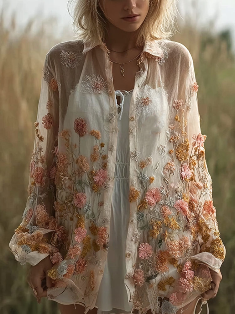 Bohemian Style 3d Plant Flower Pattern Cotton Linen Shirt