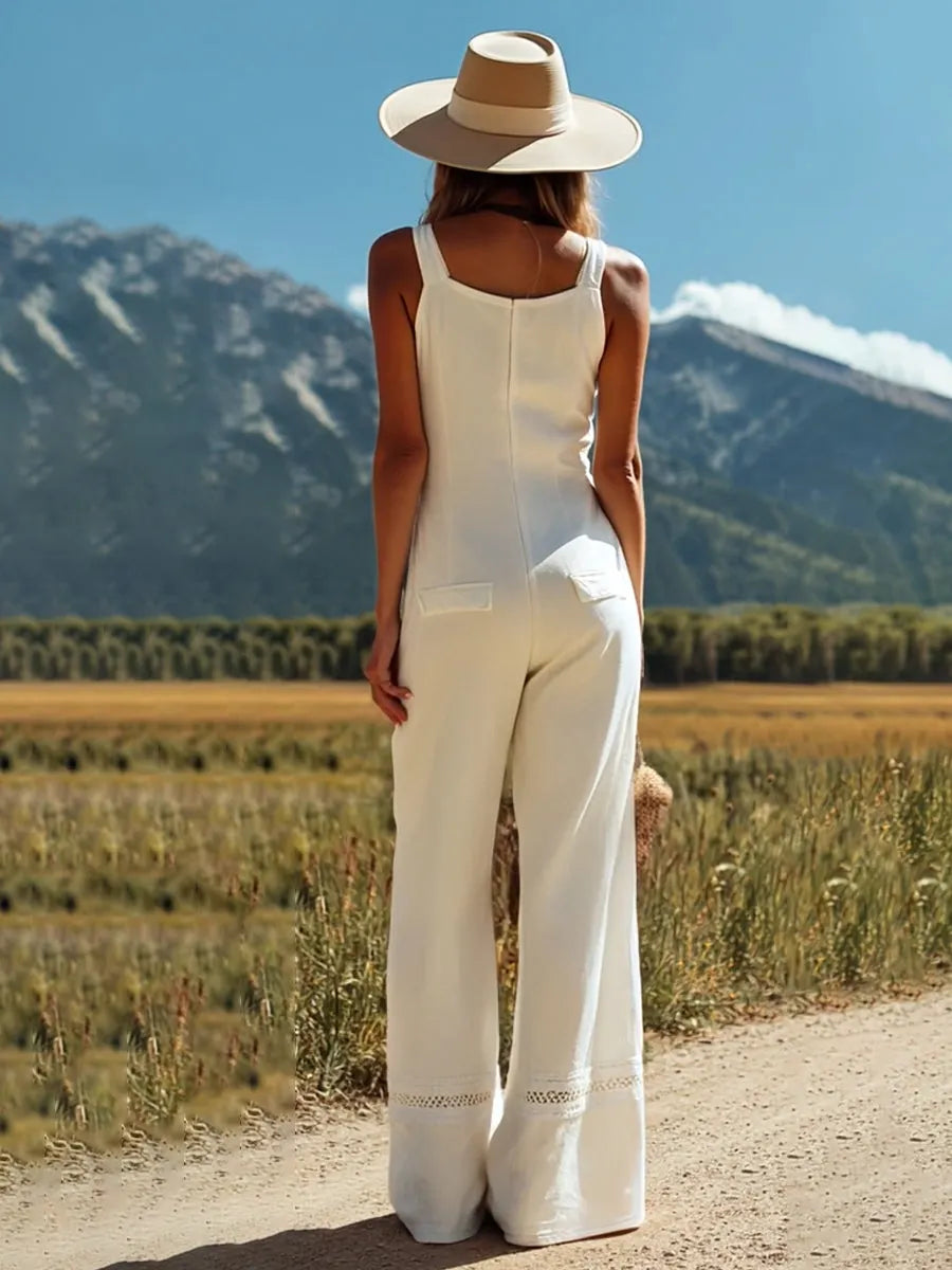 [24-hour shipping out]Women's White Linen Sleeveless Suspender Button Jumpsuit With Lace Design