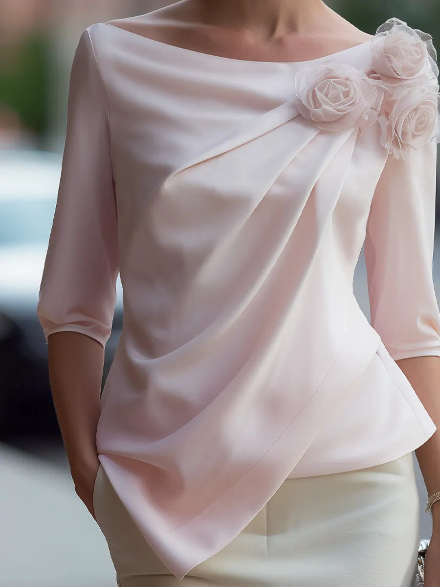 3D Floral Draped Chiffon Asymmetric Top