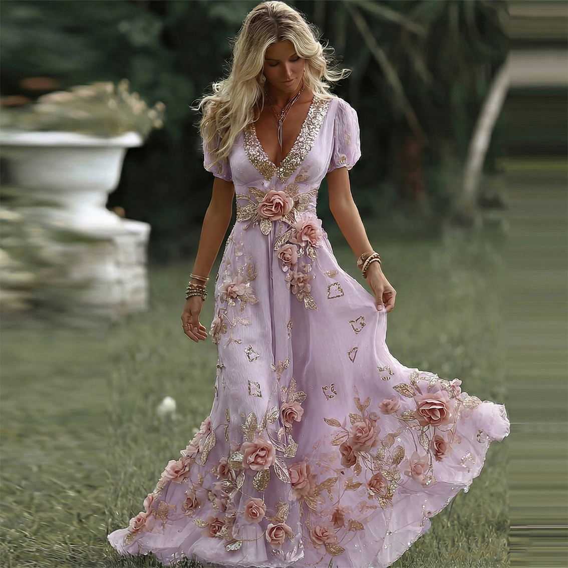 Women's Vintage Pink Rose Embroidered Art Pattern V-neck Short Sleeve Midi Dress