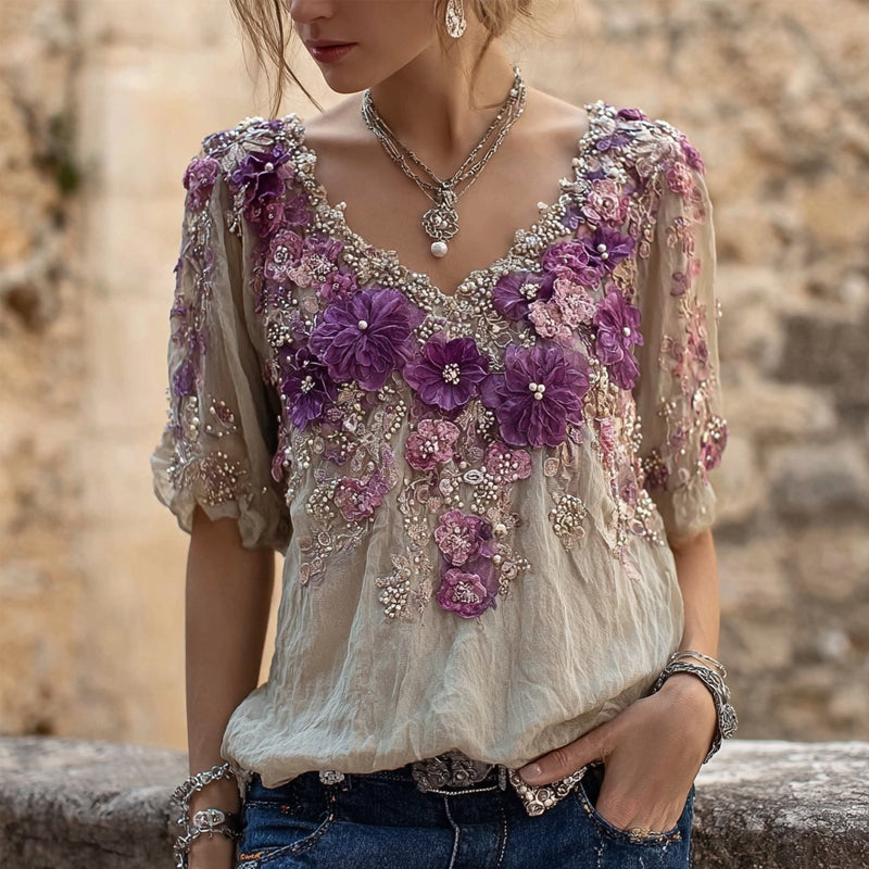 Vintage Purple Flowers Embroidered V Neck Cozy Linen Shirt
