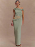 Marcelle One Shoulder Ruched Mesh Cut Out Maxi Dress – Black or Sage Green Summer Bodycon Gown