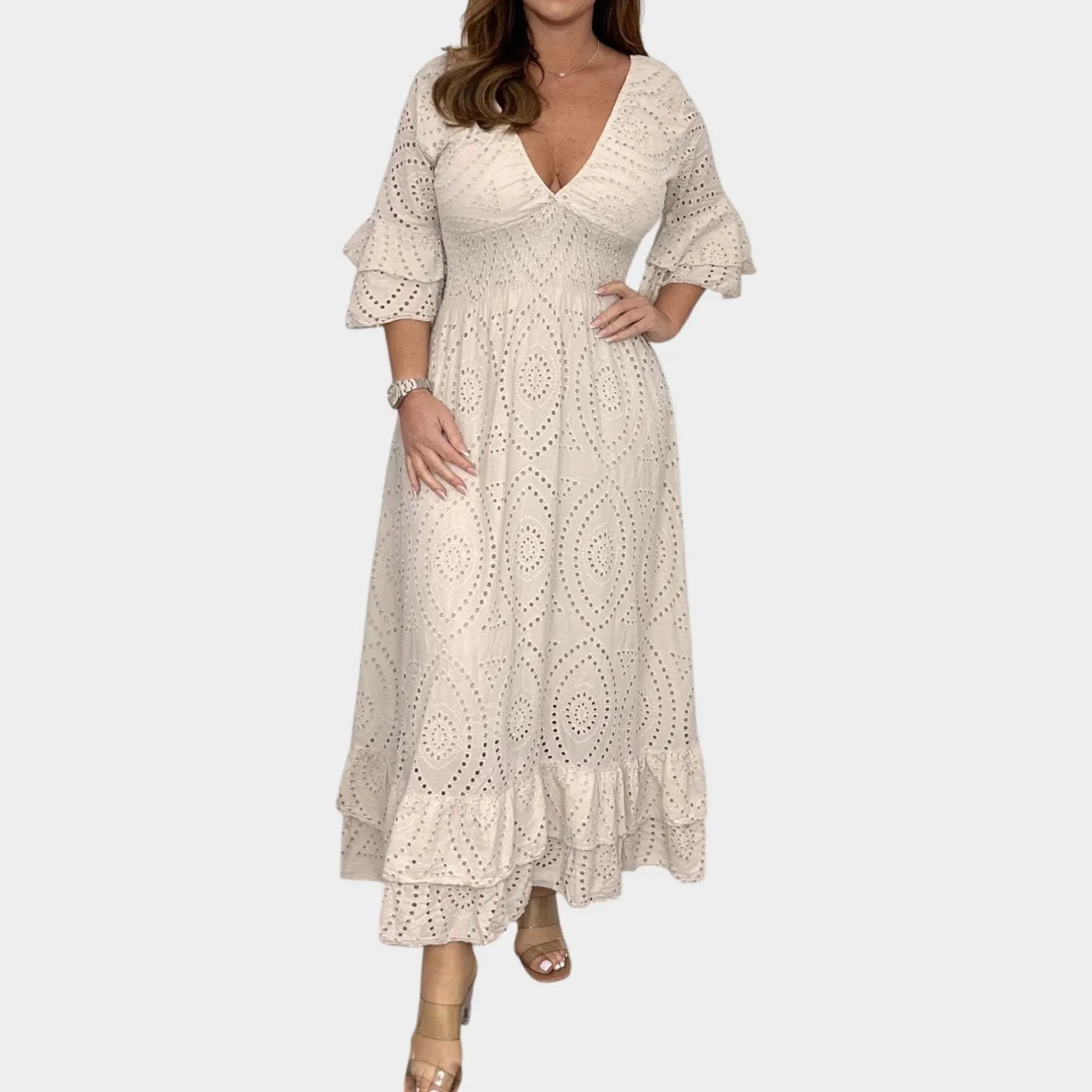 Eyelet Lace V-Neck Maxi Dress