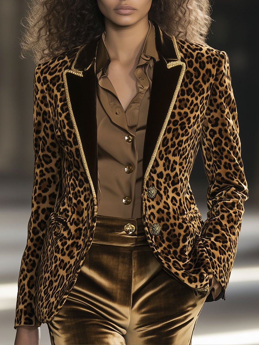 [24-hour shipping out]Casual Fashion Velvet Leopard Print Contrast Lapel Gold Edge Blazer