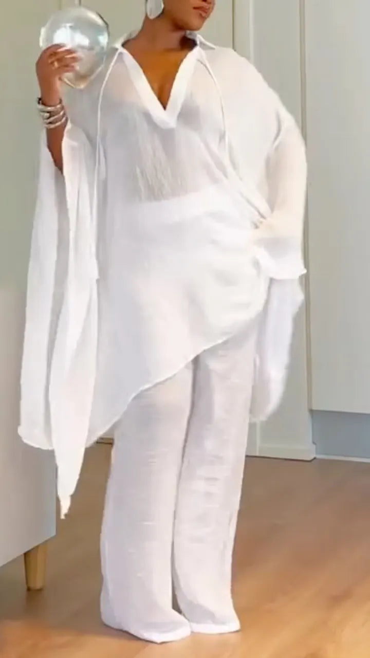 Sheer Oversized Tunic & Wide Leg Pants Co‑Ord Set