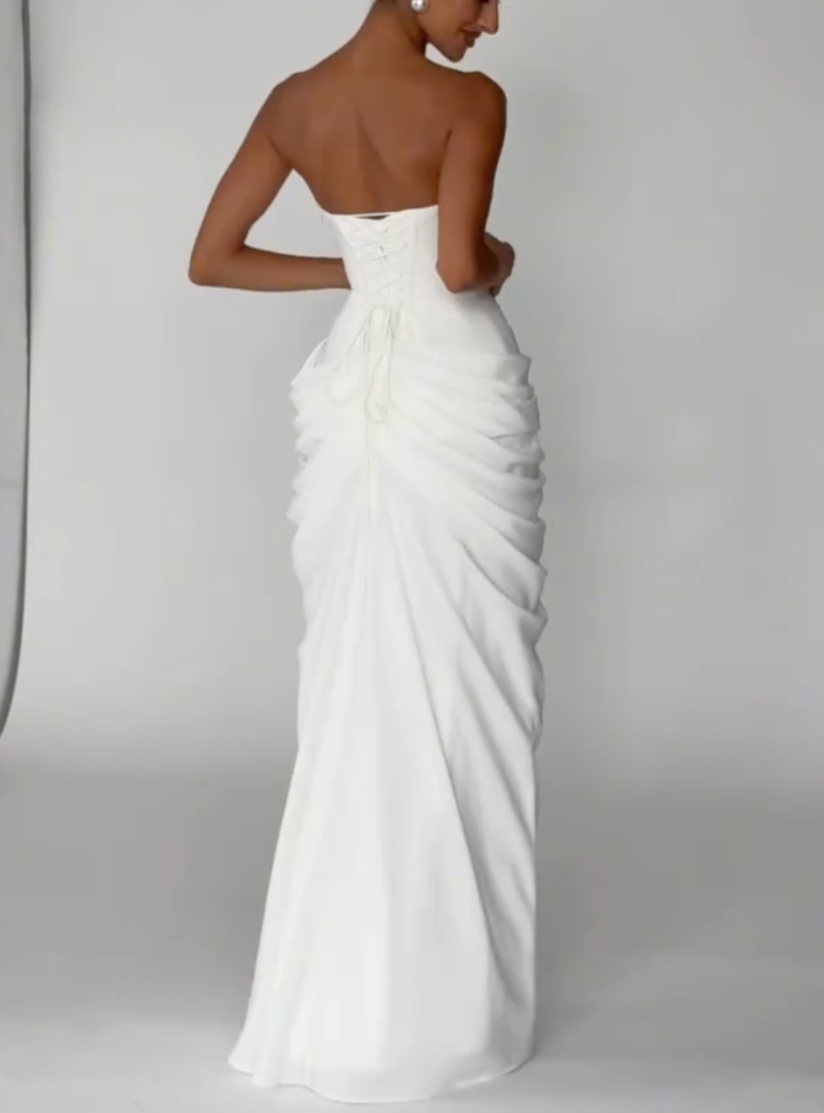 White Strapless Ruched Corset Back High Slit Mermaid Maxi Wedding Formal Evening Gown