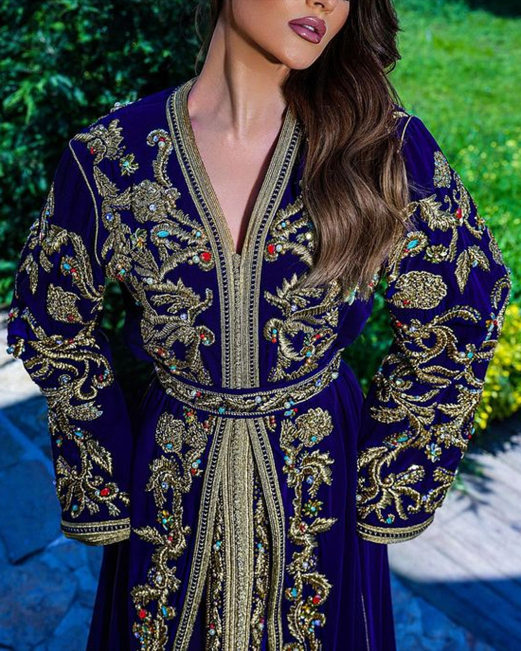 Women's V-Neck Long Sleeve Embroidered Kaftan Dress