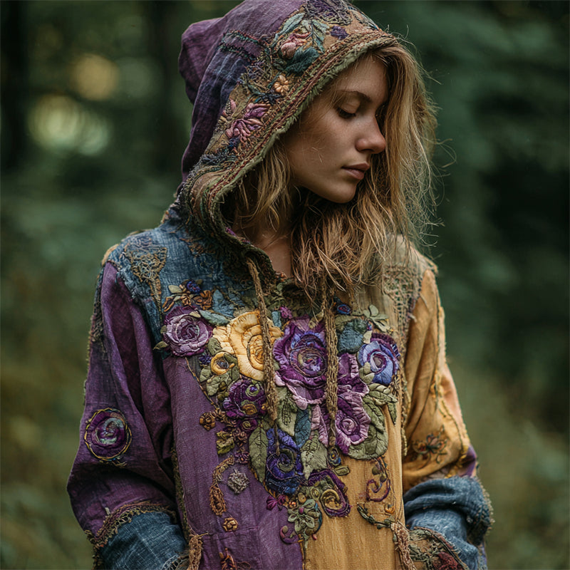 Boho Flowers Embroidered Colorblock Stitched Hoodie