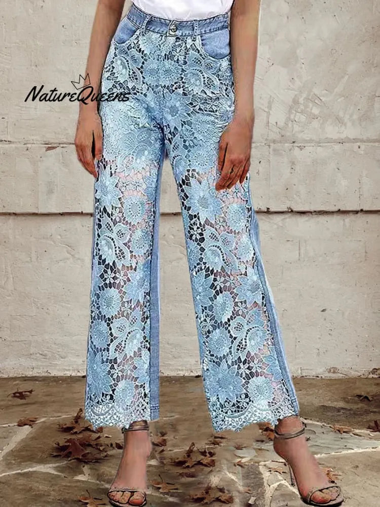 Women's Mid Waist Buttoned Lace Patchwork Jeans