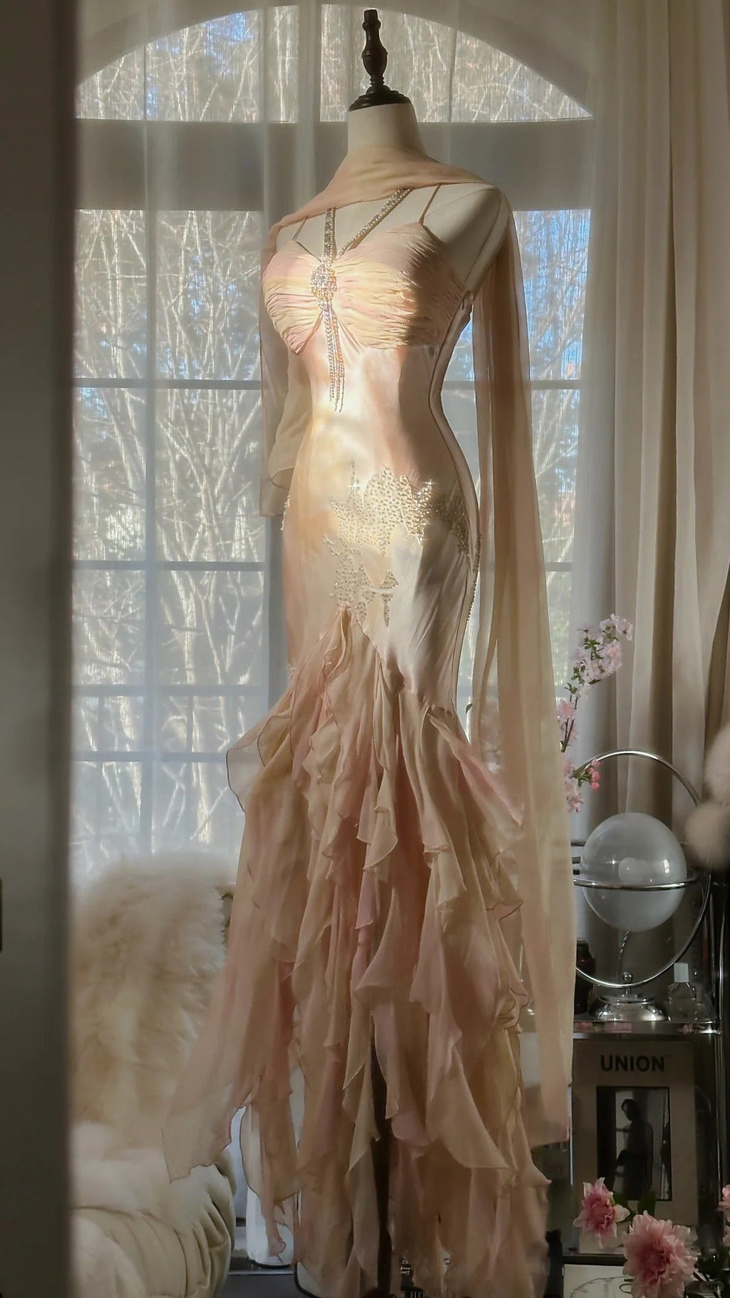 Lit Pink Gorgeous Exquisite Beading Spaetti Strap Long Chiffon Satin Ball Gown Evening Dress Birthday/Holiday Party Dress Prom Dress 4064