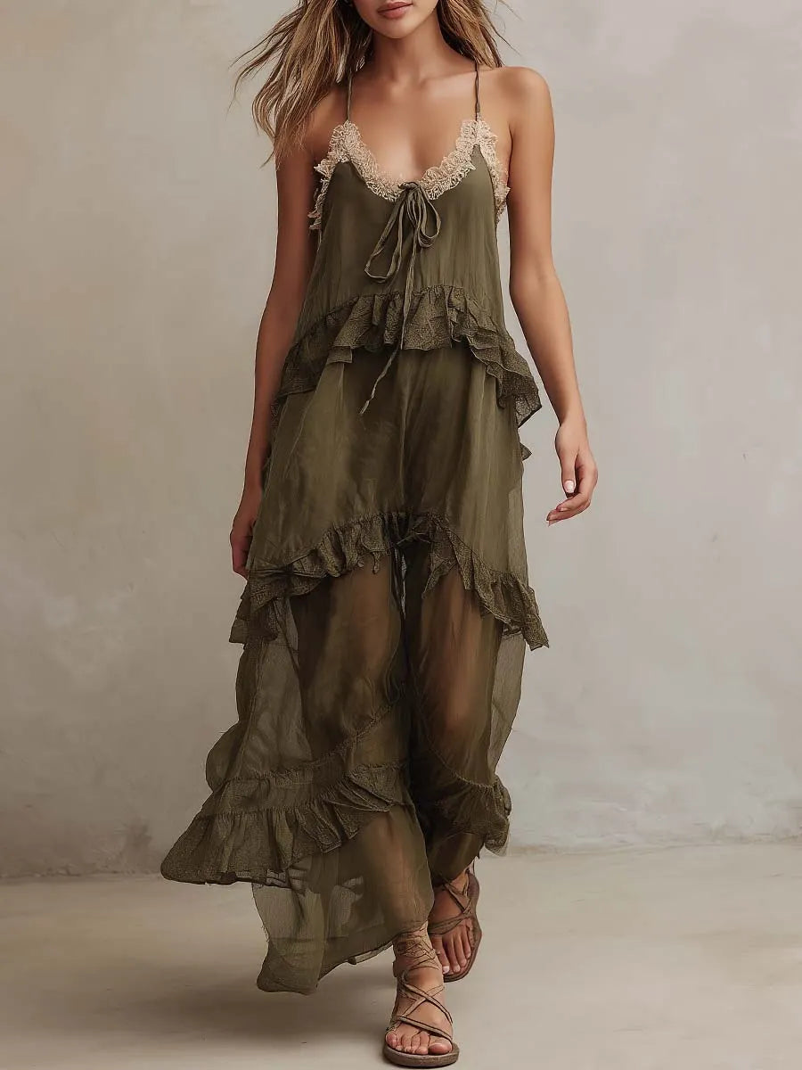 Ruffled Spaghetti-strap Midi Dress