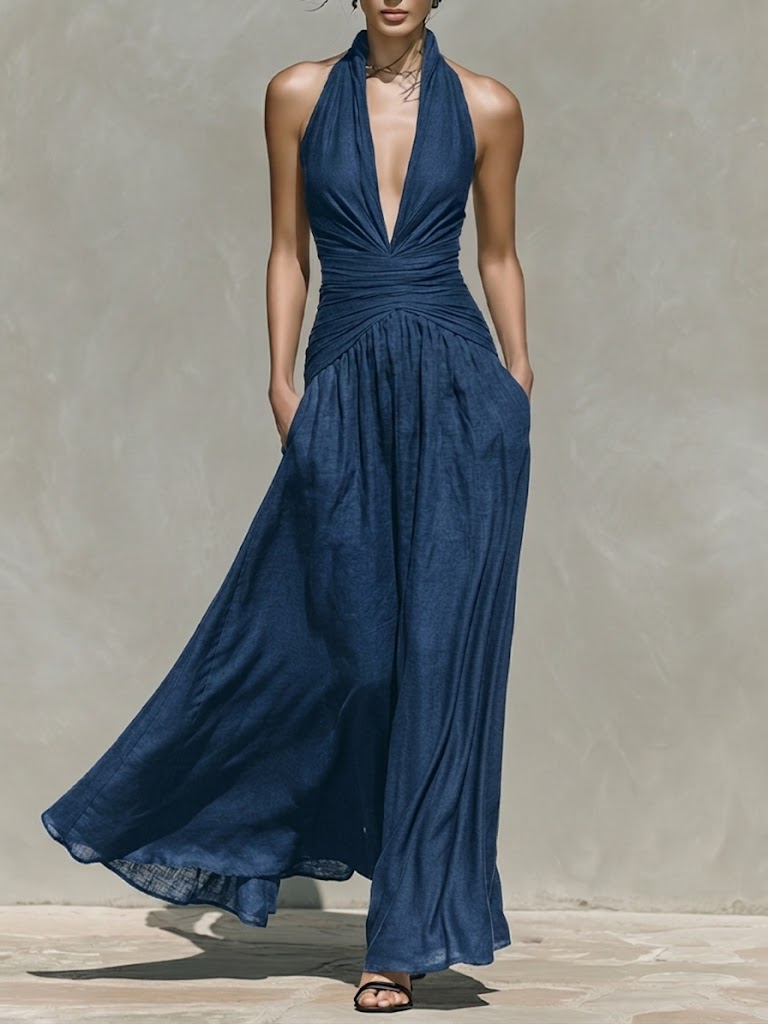Stylish Halter-neck Sleeveless Linen And Cotton Maxi Dress