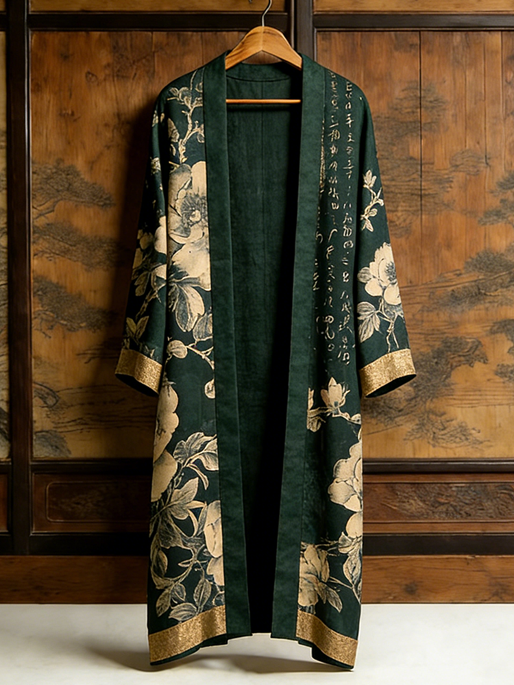 Japanese Art Retro Plants And Flowers Printed Long Cardigan