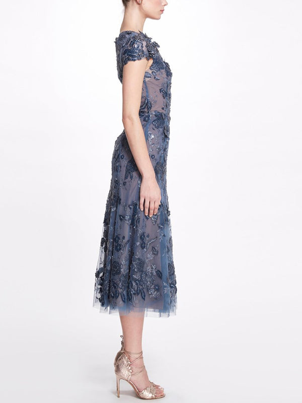 Round Neck Mesh Lace Midi Dress