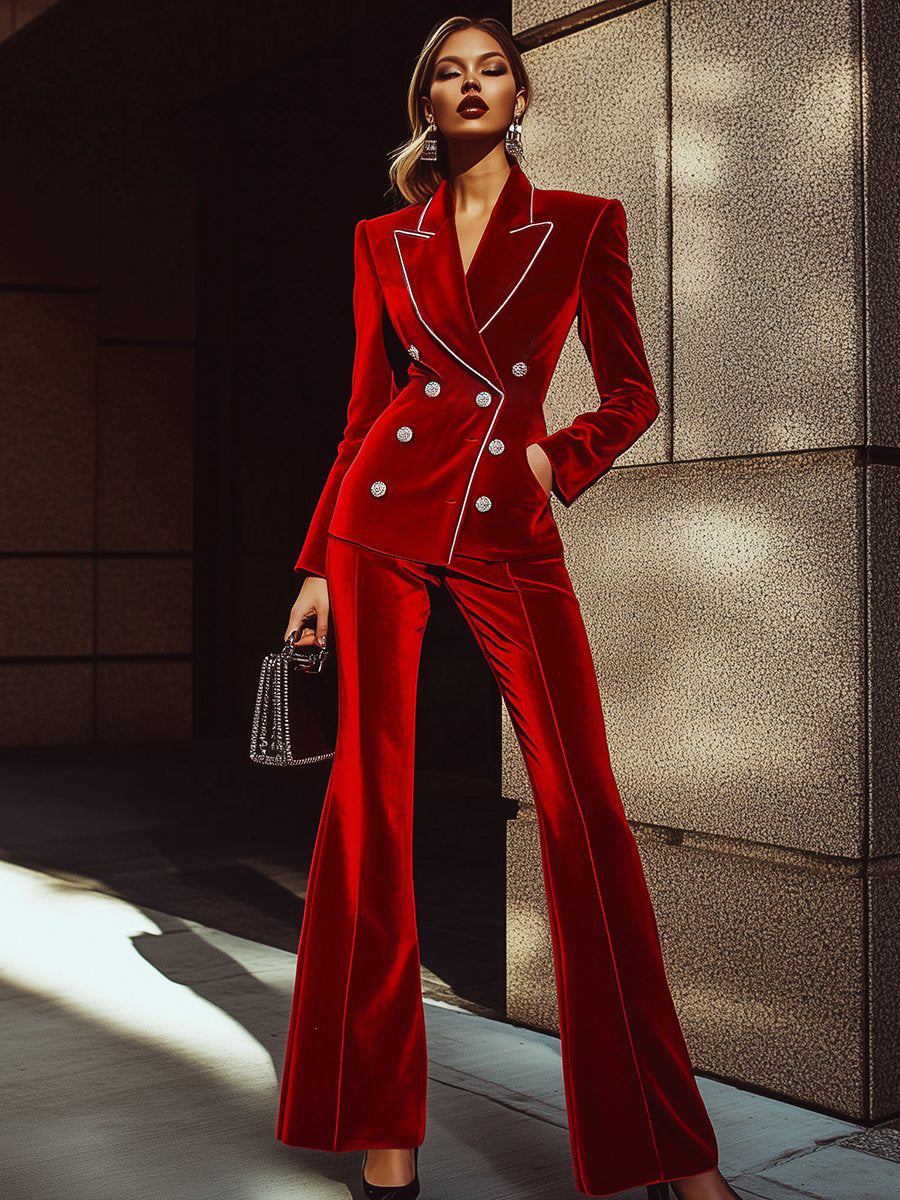 [24-hour shipping]High-End Fashion Red Velvet Suit With Silver Trim