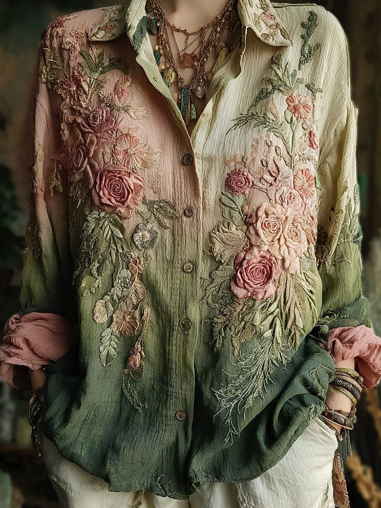Women's Vintage Floral Embroidery Contrast Linen Shirt