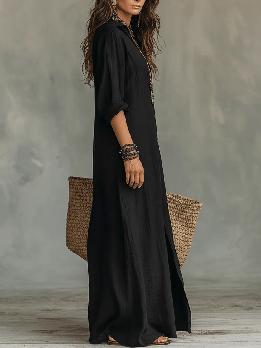 Black Button-Front Bohemian Shirt Maxi Dress