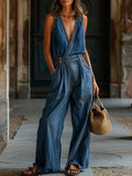 [24-hour shipping out]Loose Casual Pocket Elastic Waist Vintage Denim Jumpsuit