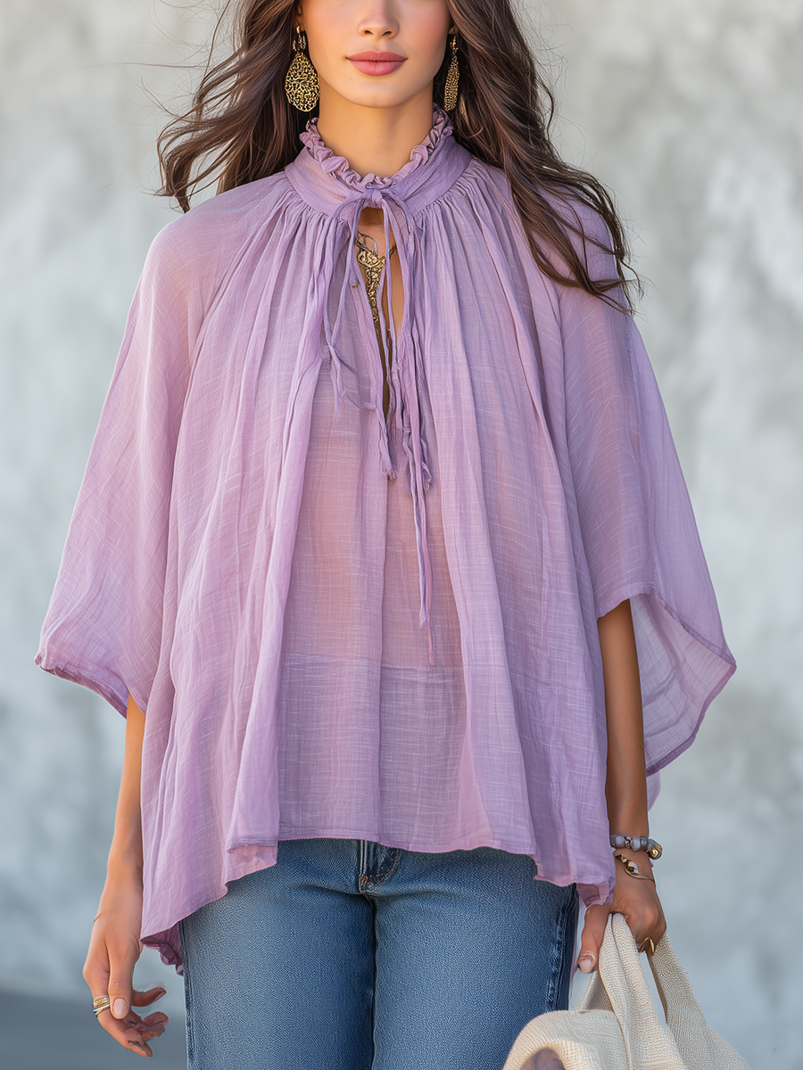 Graceful Lavender Tie Neck Oversized Blouse