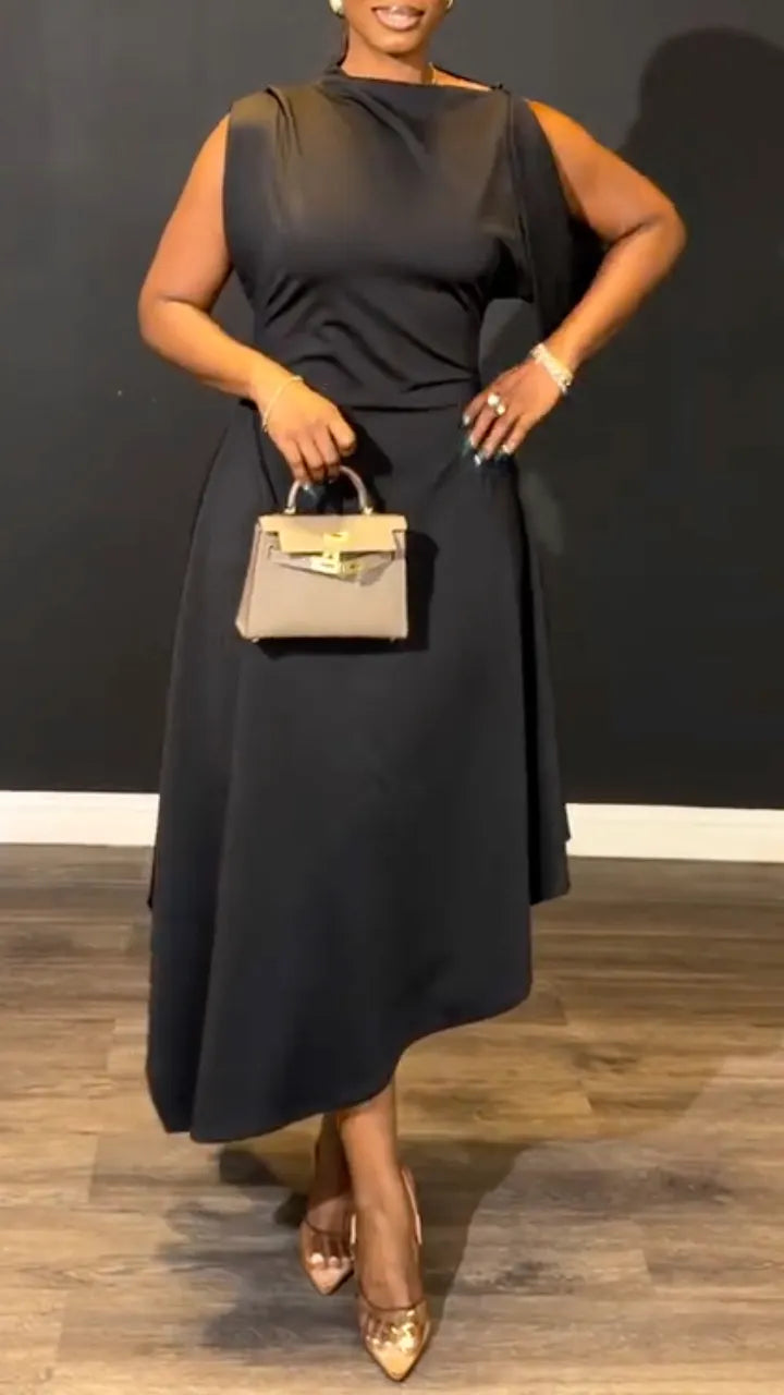 Black Draped Sleeveless Midi Dress