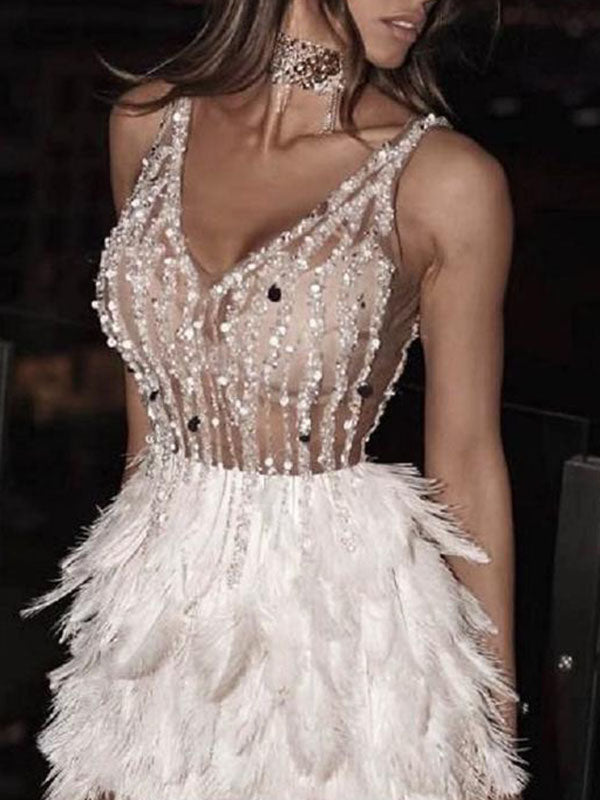 Feather Sequined Split-Joint Mini Dress