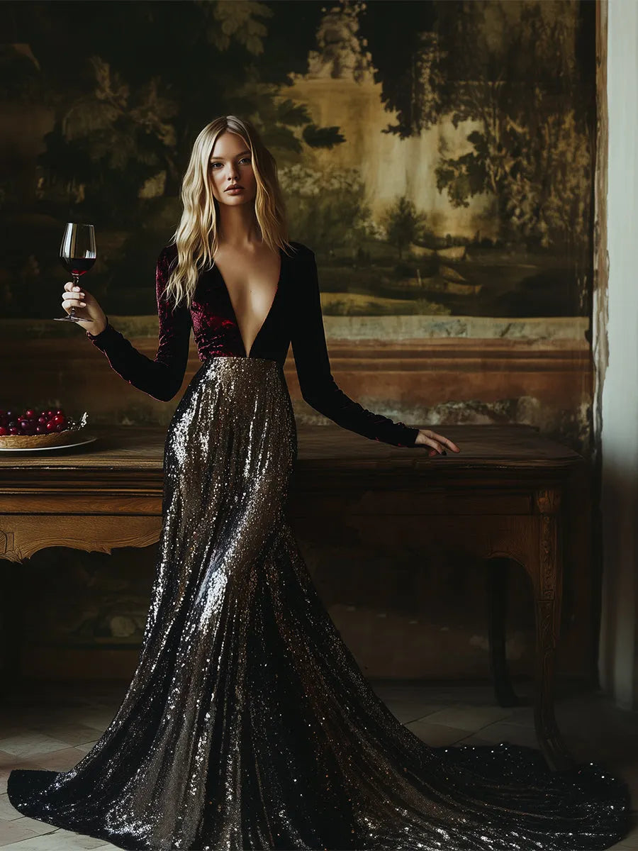 [24-hour shipping out]V-Neck Stylish Elegant Solid Color Velvet Sequined Long Maxi Dress