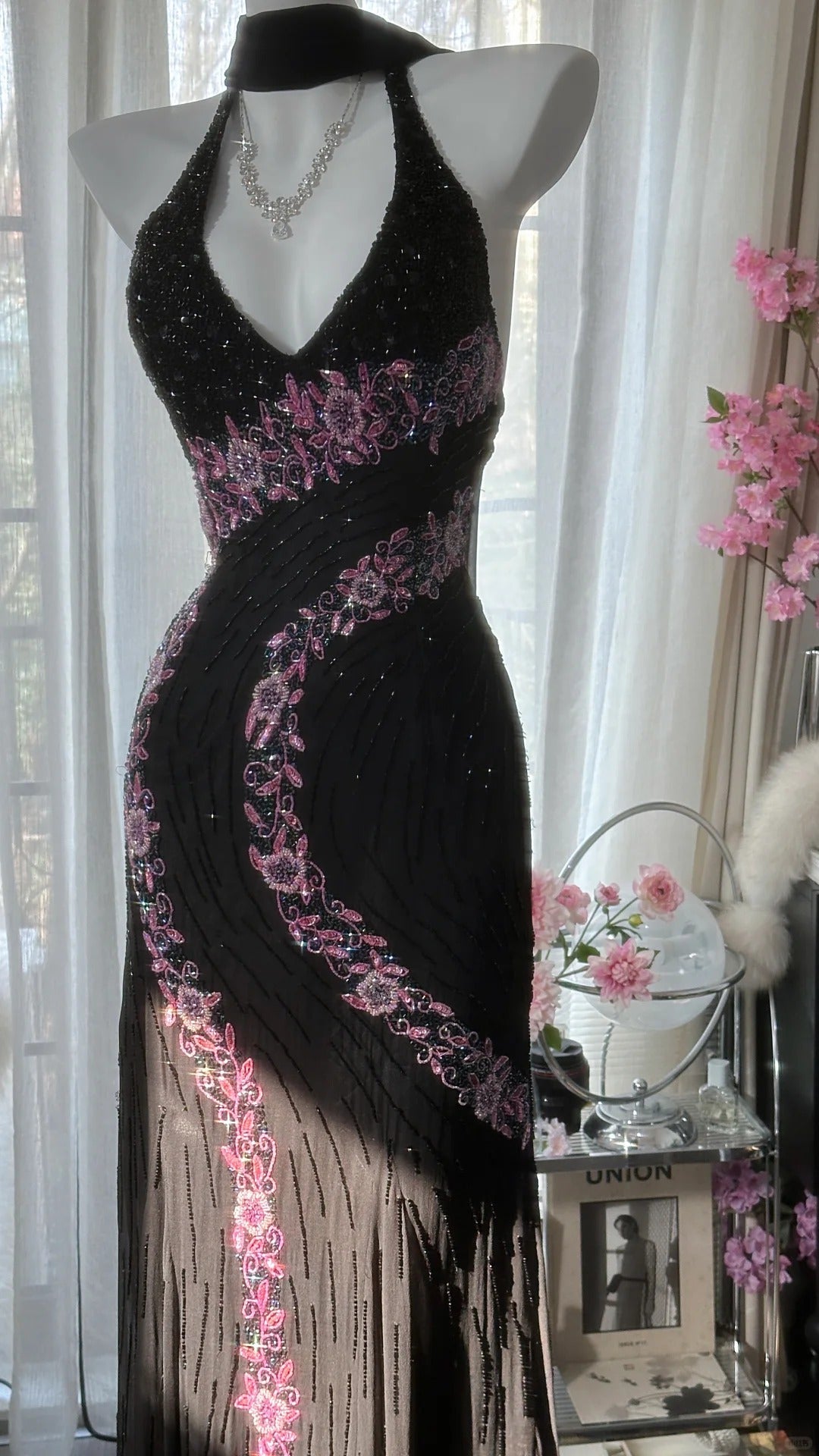 Black Shiny Vintage Elegant Romantic Delicate Pink Floral Beading Long Chiffon Homecoming Ball Gown Evening Dress Birthday/Wedding Guest/Holiday Party Dress Prom Dress 4025