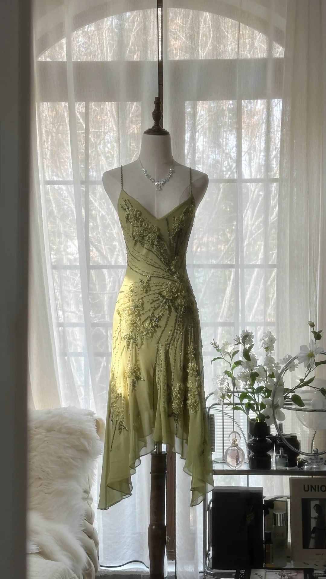 Green Romantic Fashion Elegant Delicate Floral Appliqu ̈¦ Beaded Spaetti Straps Midi/Short Chiffon Ruffle Ball Gown Evening Gown Party Gown 4060