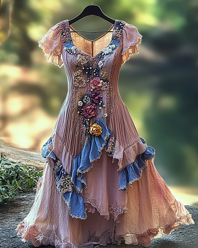 Summer Irregular Lace Patchwork BeadedRuffle Dress 0eb4