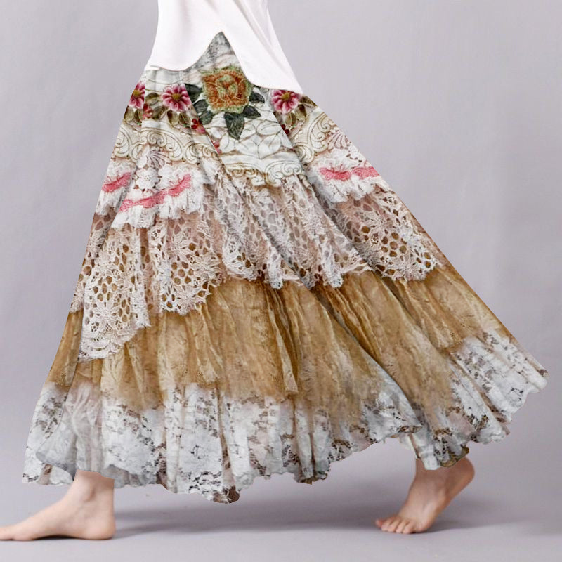 Vintage Boho Lace Flower Embroidery Flowy Wide Skirt