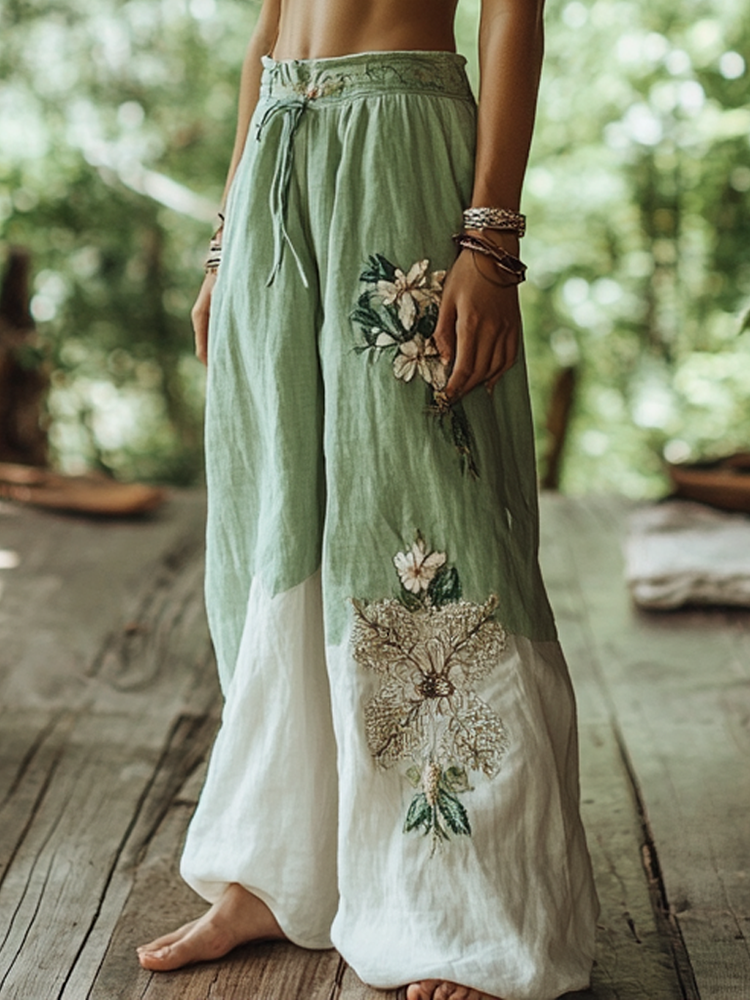 Vintage Bohemian Forest Floral Art Printed Cotton Linen Wide Leg Pants
