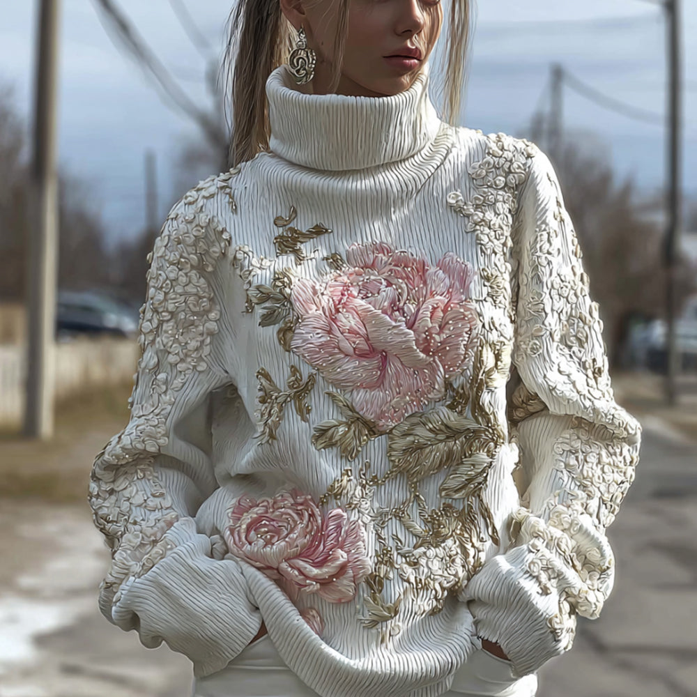 Women's Pink Floral Three-dimensional Embroidered Turtleneck Sweater
