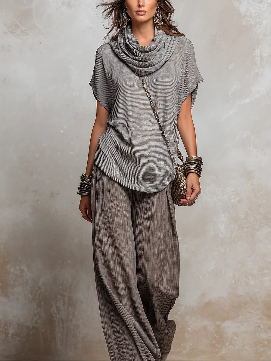 Relaxed Taupe Crinkled Wide-Leg Set