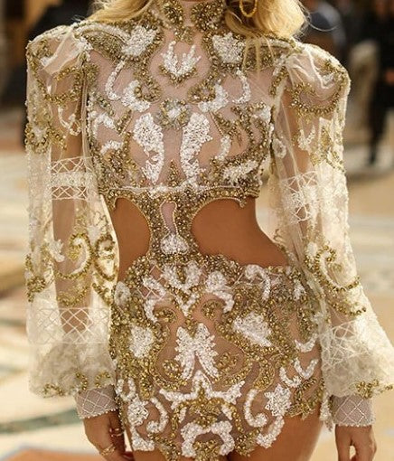 ALBINA DYLA WHITE & GOLD SHORT BEADED PUFF-SLEEVE
