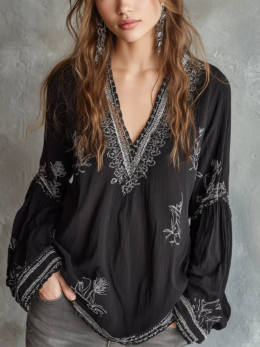 Elegant Black Embroidered V-Neck Blouse