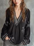 Elegant Black Embroidered V-Neck Blouse
