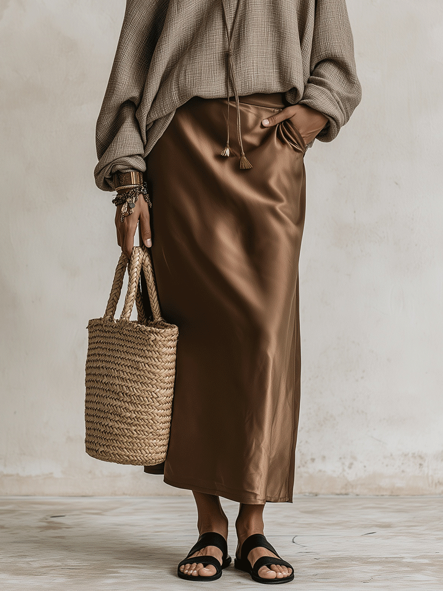 Effortless Chic Taupe Knit Sweater & Brown Satin Maxi Skirt Set