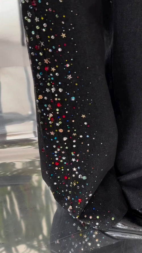 Black Colorful Rhinestone Star Wide Leg Denim Pants