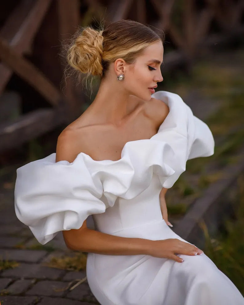 satin ivory bride bridal boho summer beach wedding dress formal ceremony off white mermaid open removable bohemian off shoulder minimalism