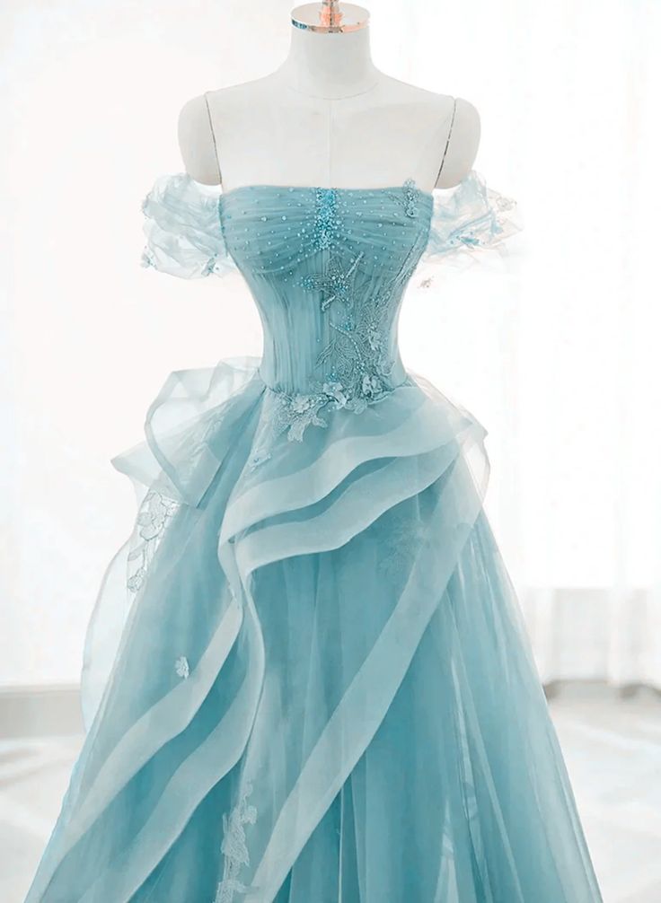 Off Shoulder Lace-up Formal Dress,Blue Birthday Dress Pretty Prom Dress    25026