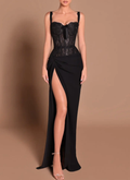 Black Lace Corset Maxi Dress with High Slit